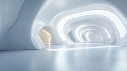 Poster - Abstract smooth white interior design of a futuristic space with backlighting Night view architectural background featuring 3D rendering