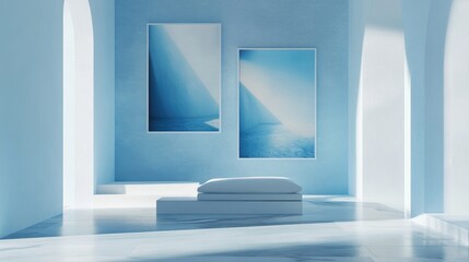 Poster - 3D rendering of a blue and white interior environment featuring two interchangeable pictures