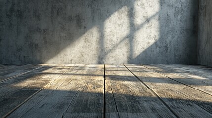 Poster - 3D rendering of an indoor scene featuring an old wooden floor and a concrete wall empty background
