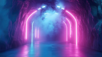 Poster - 3D rendering of an empty stage with an abstract background in blue pink and purple neon hues The scene features rays of searchlights illuminating a dark futuristic tunnel or corridor enhanced by s
