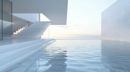 Poster - Minimalist house interior featuring an abstract design with white and glass gradient colors and water showcasing a 3D rendering