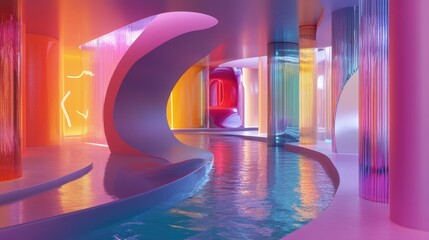 Poster - Abstract smooth architectural interior featuring a color gradient glass sculpture water elements and neon lighting 3D rendering and illustration