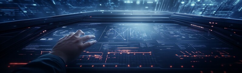 Poster - A futuristic interface is illuminated with digital elements, as a hand reaches out to interact with the holographic display, suggesting advanced technology and communication.