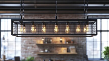 Aufkleber - 3d rendering of a vintage black metal grille ceiling lamp with light bulbs enhancing the interior de