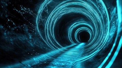 Poster - 3D rendering of an underground tunnel illuminated by blue neon light featuring an abstract background with a black corridor and glowing lines
