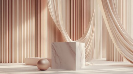 Poster - 3D rendering of a geometrical cube background with elegant drapery elements
