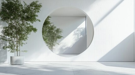 Poster - 3D rendering of a round shaped mirror in a contemporary white interior space
