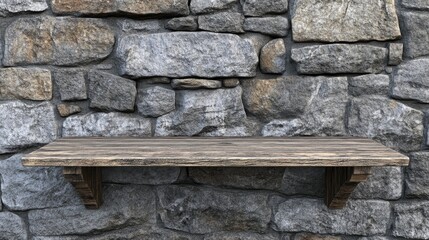 Poster - Empty wooden shelves with a stone wall background in a 3D rendering for product display