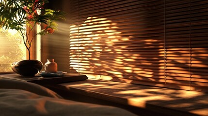 Poster - 3D rendering of evening sunlight filtering through wooden window blinds creating patterns of light and shadow in a decorative interior setting