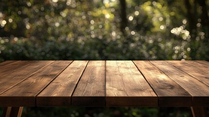 Poster - 3D rendering of an empty wooden brown table with a blurred garden bokeh background ideal for product display or business presentations