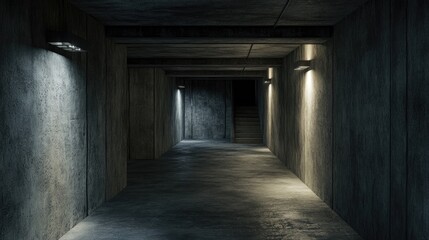 Poster - Empty interior of a dark basement with concrete walls 3D rendering of architectural background