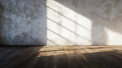 Poster - 3D rendering of an empty room featuring a weathered white concrete wall and a dark brown wooden floor illuminated from above