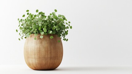 Poster - 3D rendering of small green round leaves on a white background designed for elegant interior decor featuring a large wooden vase