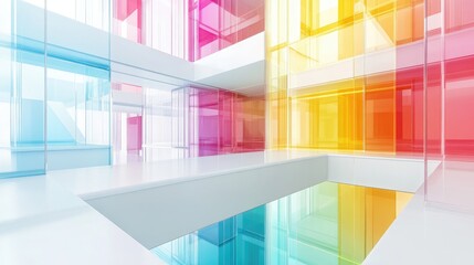Poster - 3D rendering of an abstract multilevel public space featuring white and colored gradient glass elements and windows