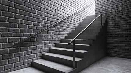 Aufkleber - 3d rendering of a grayscale vertical view of stairs featuring a handrail against a brick wall