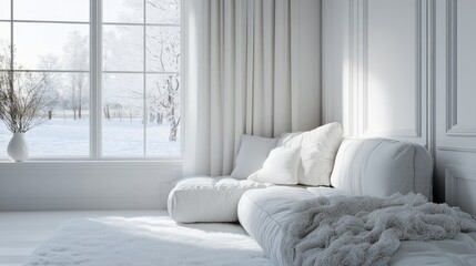 Poster - Scandinavian interior design featuring a sofa in a white room with a winter landscape visible through the window 3D rendering