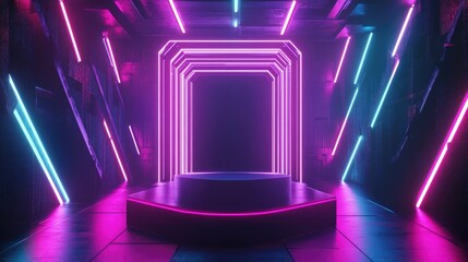 Poster - 3D rendering of an abstract neon background featuring a geometric polygonal structure evoking a cyber space virtual reality with a podium for showcasing products illuminated by vibrant neon lights