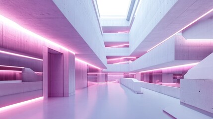 Poster - 3D rendering of an abstract multilevel public space featuring white and concrete interiors illuminated by neon lighting