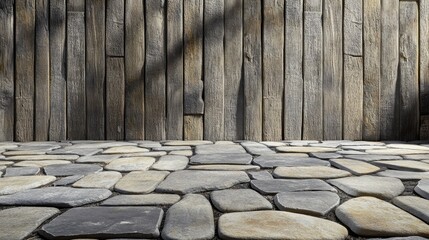 Poster - 3D rendering of stone pavers set against a wooden wall background