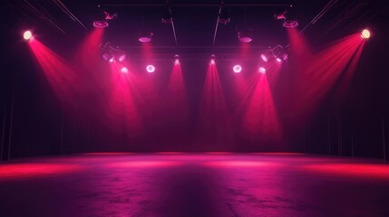 Poster - 3D rendering of an empty stage with neon lights spotlights and rays against a dark urban background