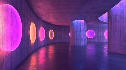 Poster - 3D rendering of an abstract concrete interior featuring discs with colored gradient neon lighting