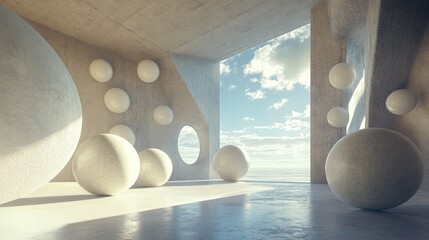 Poster - Abstract architectural interior design featuring an array of spheres and large windows in a 3D rendering