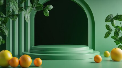 Poster - 3D rendering of a minimalist green stage podium scene with abstract geometric shapes Ideal for showcasing food and drink products