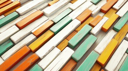 Poster - 3D rendering of a background featuring a wooden surface with small boards painted in alternating colors of white orange and green