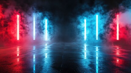 Poster - 3D rendering of an empty background scene with the dark reflection of a street on wet asphalt featuring rays of blue and red neon light neon figures and smoke creating an abstract dark background 