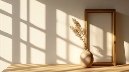 Poster - 3D rendering of a minimalist wooden frame mockup with an empty front view featuring a decorative plant vase