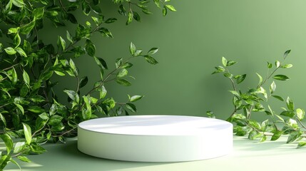 Poster - 3D rendering of a white podium with a green backdrop for displaying eco friendly products
