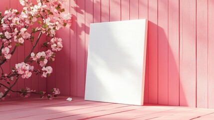 Poster - 3D rendering of a corner of a white primed canvas on a stretcher set against a backdrop of a pink vintage wooden board with flowers