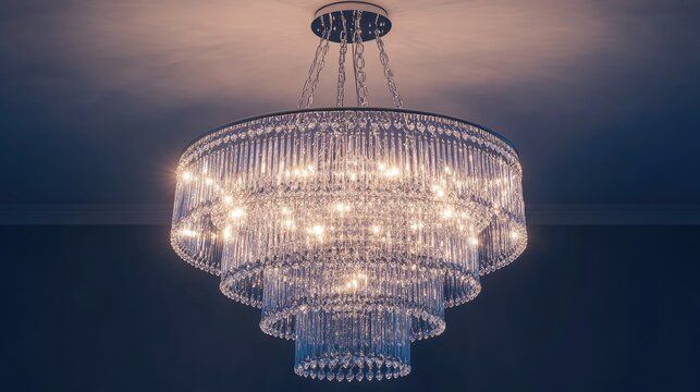 3D rendering of an elegant crystal chandelier viewed from below suspended from the ceiling in a living room radiating white light from electric bulbs in a twilight setting