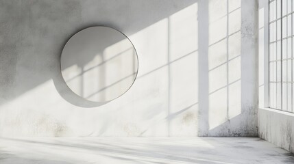 Poster - 3D rendering of a round shaped mirror in a contemporary white interior space