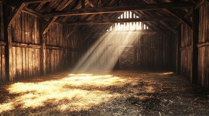 Poster - 3D rendering of a hay barn interior with sunlight filtering through wood