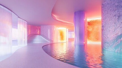 Poster - Abstract smooth architectural interior featuring a color gradient glass sculpture water elements and neon lighting 3D rendering and illustration