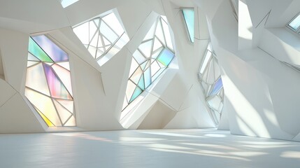Poster - 3D rendering of an abstract white parametric interior featuring a window with polygonal colored design