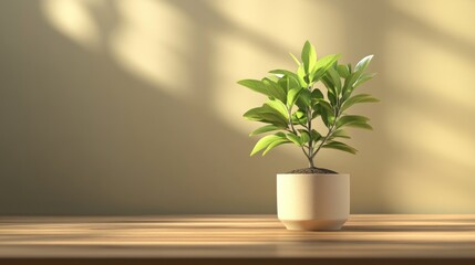 Poster - 3D rendering of a small plant placed on a brown wooden table