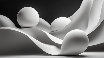 Poster - Dynamic abstract interior featuring smooth white objects against a black backdrop 3D rendering and illustration