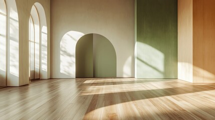 Poster - 3D rendering of an empty room featuring wood flooring and walls in various shades of green white and grey showcasing a clean and minimalist aesthetic