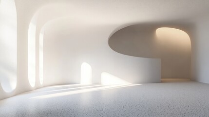 Poster - 3D rendering of a minimalist white room featuring a curved wall