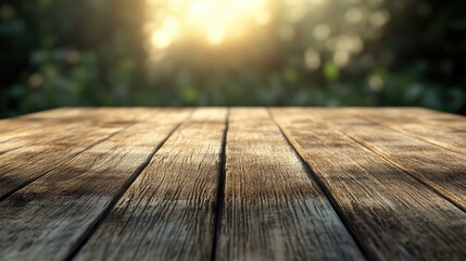 Poster - 3D rendering of a table crafted from planks with a blurred backdrop