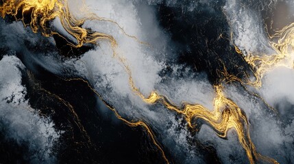 Poster - 3D rendering of an abstract liquid marble canvas design featuring gold diagonal waves
