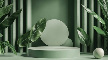 Poster - 3D rendering of a minimalist green stage podium scene with abstract geometric shapes Ideal for showcasing food and drink products