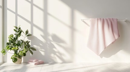 Poster - 3D rendering of a heated rail with a pink towel on a white wall
