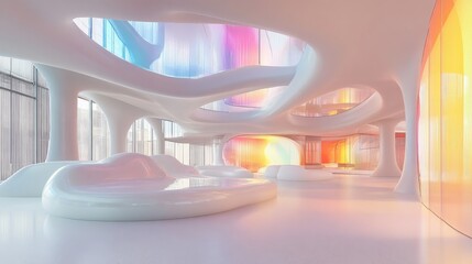 Poster - 3D rendering of a multilevel public space featuring abstract white and colored gradient glass interiors with windows