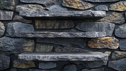 Poster - 3D rendering of empty natural stone shelves against a stone wall background for product display