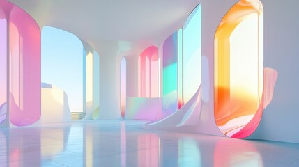 Poster - 3D rendering of an abstract interior featuring white and colored gradient glass elements with windows