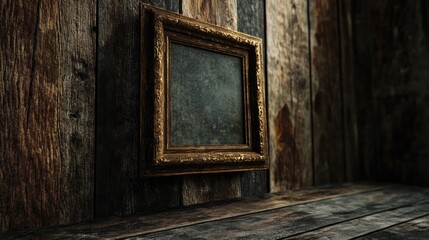 Poster - 3d rendering of an antique picture frame against a rustic wooden wall