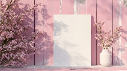Poster - 3D rendering of a corner of a white primed canvas on a stretcher set against a backdrop of a pink vintage wooden board with flowers
